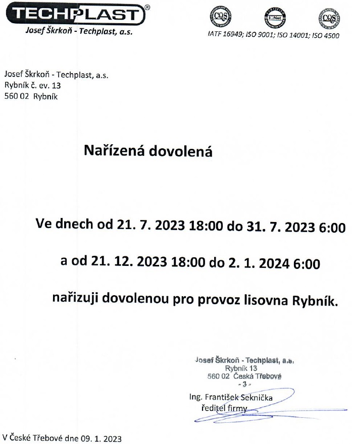 Nařízená dovolená pro rok 2023   lisovna Rybník
