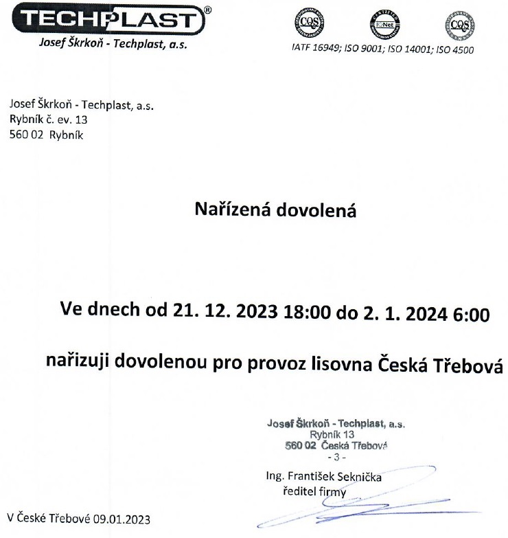 Nařízená dovolená pro rok 2023   lisovna Česká Třebová