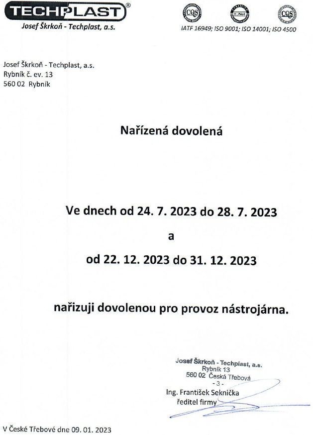 Nařízená dovolená pro rok 2023   nástrojárna Moravská Třebová