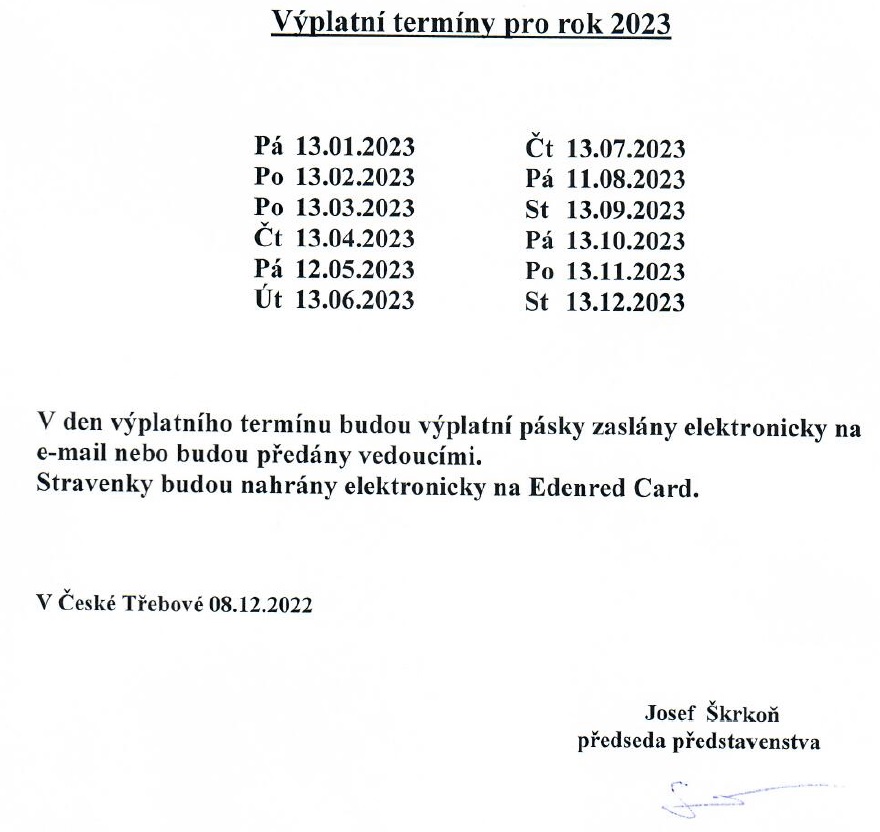 Výplatní termíny pro rok 2023